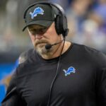 Dec 15, 2024; Detroit, Michigan, USA; Detroit Lions Head Coach Dan Campbell walks the sidelines during the second quarter against the Buffalo Bills at Ford Field.