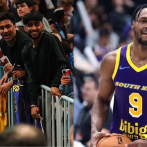 Lakers fans (L) and Bronny James (R)