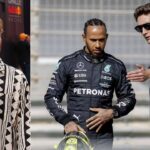 Nico Rosberg (L), Lewis Hamilton and George Russell (R)