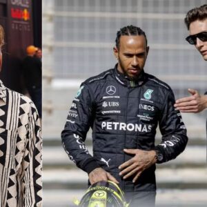 Nico Rosberg (L), Lewis Hamilton and George Russell (R)