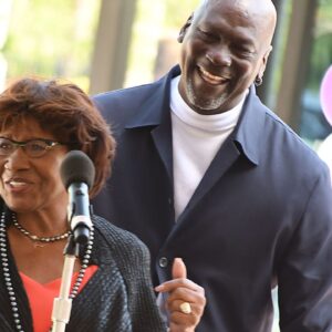 Michael Jordan and his mother Deloris Jordan talk to the crowd outside of The Michael Jordan Family Medical Clinic led by Novant Health. Both were taking part in a ribbon cutting ceremony for the new clinic opening off of Greenfield Street