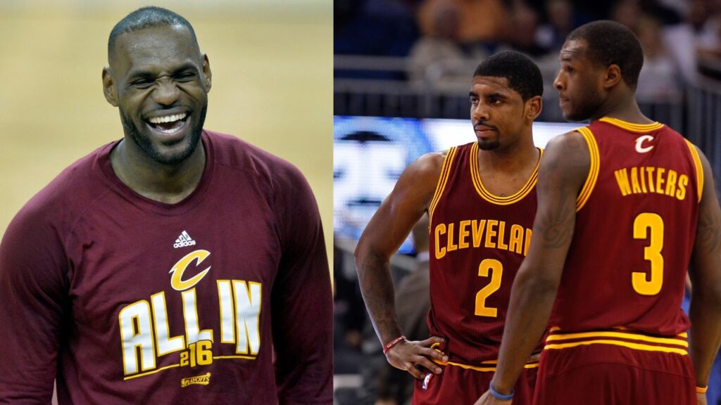 LeBron James (L) and Kyrie Irving and Dion Waiters (R)