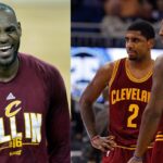 LeBron James (L) and Kyrie Irving and Dion Waiters (R)