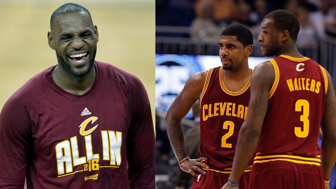 LeBron James (L) and Kyrie Irving and Dion Waiters (R)