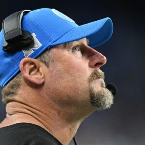 Detroit, Michigan, USA; Detroit Lions head coach Dan Campbell looks at the scoreboard during their game against the Chicago Bears in the fourth quarter at Ford Field.