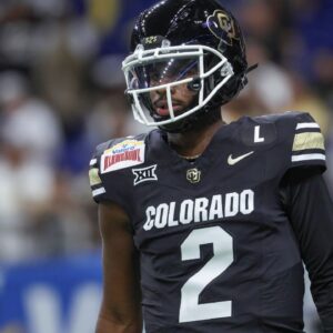 Colorado Buffaloes quarterback Shedeur Sanders (2) warms up before the game against the Brigham Young Cougars at Alamodome.