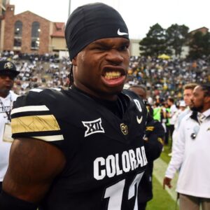 Colorado Buffaloes wide receiver Travis Hunter (12) walks off the field before the game against the Baylor Bears at Folsom Field.