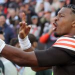 Cleveland Browns quarterback Jameis Winston (5) celebrates his first win as a starter after an NFL football game against the Baltimore Ravens at Huntington Bank Field