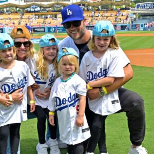 Los Angeles Rams quarterback Matthew Stafford (9) with his wife Kelly with their 4 daughters on the field prior to the game between the Los Angeles Dodgers and the Atlanta Braves at Dodger Stadium. Stafford was at the game on Rams day.