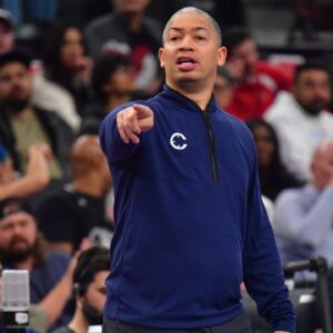 Los Angeles Clippers head coach Tyronn Lue watches game action against the Portland Trail Blazers during the first half at Intuit Dome.