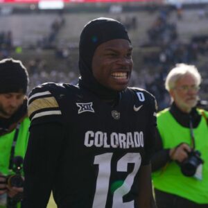 Colorado Buffaloes wide receiver Travis Hunter (12) reacts following the win against the Oklahoma State Cowboys at Folsom Field.