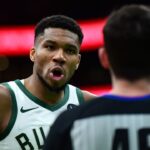 Milwaukee Bucks forward Giannis Antetokounmpo (34) has words with crew chief Ben Taylor during the second half at TD Garden.