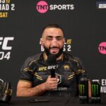 Welterweight champion Belal Muhammad with the belt talks with post event media during the UFC 304 event at Co-op Etihad Campus, SportCity, Manchester, England on the 27 July 2024. Copyright: xAndyxRowlandx PMI-6350-0005