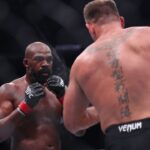 Jon Jones (red gloves) fights Stipe Miocoic (blue gloves) in the heavyweight bout during UFC 309 at Madison Square Garden.