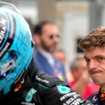 George Russell (Mercedes) and Max Verstappen (Red Bull Racing) after the Italian Grand Prix at the Monza circuit