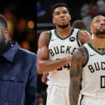 Kendrick Perkins (L), Giannis Antetokounmpo and Damian Lillard (R)