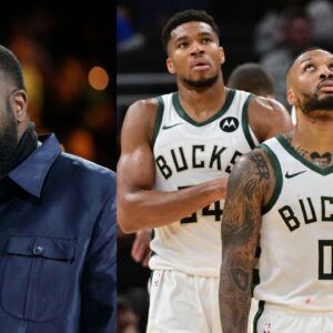 Kendrick Perkins (L), Giannis Antetokounmpo and Damian Lillard (R)