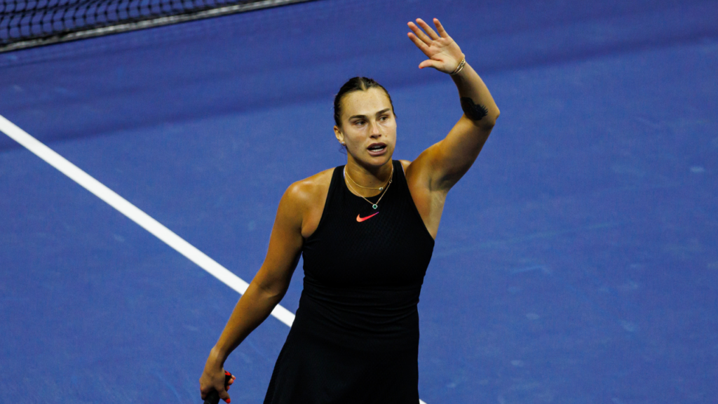 Aryna Sabalenka of Belarus celebrates her victory over Emma Navarro of the United States