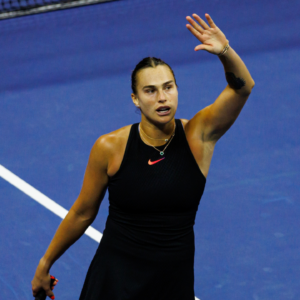 Aryna Sabalenka of Belarus celebrates her victory over Emma Navarro of the United States