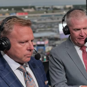 (L-R) NBC Sports play-by-play commentator Leigh Diffey and former NASCAR driver turned broadcaster Jeff Burton.