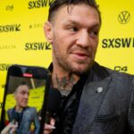 Conor McGregor speaks to press on the red carpet before the premiere of Roadhouse at the Paramount Theatre in Austin, Texas on the first day of South by Southwest, Friday, March 8, 2024. McGregor plays the character “Knox” in the movie