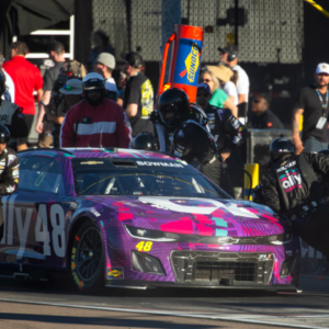 Nov 10, 2024; Avondale, Arizona, USA; NASCAR Cup Series driver Alex Bowman (48) pits during the NASCAR Cup Series Championship race at Phoenix Raceway. Mandatory Credit: Mark J. Rebilas-Imagn Images