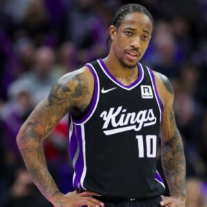 Sacramento Kings forward DeMar DeRozan (10) looks on during the fourth quarter against the Denver Nuggets at Golden 1 Center.