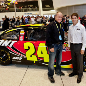 Jeff Gordon(R) & Sam Bass(L) unveil a new car, celebrating 20 years with Dupont, during the NASCAR Motorsport USA Hall Of Fame weekend. NASCAR Motorsport USA JAN 21 Hall Of Fame Weekend.