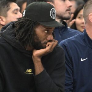 Los Angeles Clippers forward Kawhi Leonard (2) looks on from the bench in the first half against the Orlando Magic at Intuit Dome.