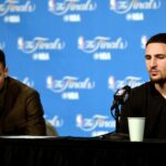 Golden State Warriors guard Stephen Curry (30) and guard Klay Thompson (11) during a press conference after game three of the NBA Finals against the Cleveland Cavaliers at Quicken Loans Arena.