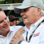 Jeff Gordon celebrates with Rick Hendrick their driver Kyle Larson (5) won the Brickyard 400, Sunday, July 21, 2024, at Indianapolis Motor Speedway.
