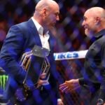 UFC president Dana White (left) with Joe Rogan during UFC 300 at T-Mobile Arena.