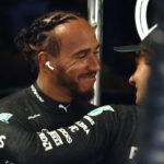 Lewis Hamilton of Mercedes and Andrea Kimi Antonelli before first practice ahead of the Formula 1 Italian Grand Prix at Autodromo Nazionale di Monza