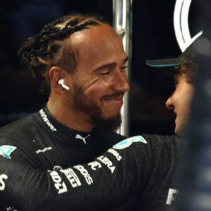 Lewis Hamilton of Mercedes and Andrea Kimi Antonelli before first practice ahead of the Formula 1 Italian Grand Prix at Autodromo Nazionale di Monza