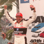 Dale Earnhardt celebrates winning the 1998 Daytona 500 in Victory Lane at Daytona International Speedway