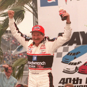 Dale Earnhardt celebrates winning the 1998 Daytona 500 in Victory Lane at Daytona International Speedway