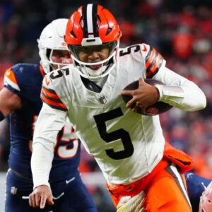 Denver Broncos defensive end Zach Allen (99) tackles Cleveland Browns quarterback Jameis Winston (5) in the second half at Empower Field at Mile High.