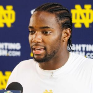 Notre Dame corner back Benjamin Morrison addresses media after a Notre Dame football practice at Irish Athletic Center on Thursday, Aug. 15, 2024, in South Bend.