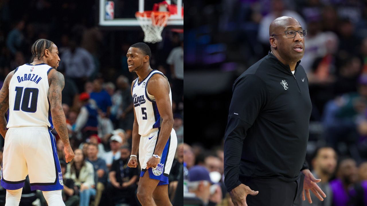 DeMar DeRozan and De'Aaron Fox (L), Mike Brown (R)