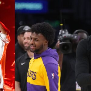 Lil Wayne (L), Lakers' Bronny James and LeBron James (R)