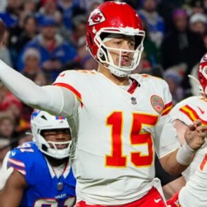 Nov 17, 2024; Orchard Park, New York, USA; Kansas City Chiefs quarterback Patrick Mahomes (15) throws the ball against the Buffalo Bills during the second half at Highmark Stadium.