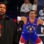 Kevin Durant (L) and Russell Westbrook with James Harden (R)