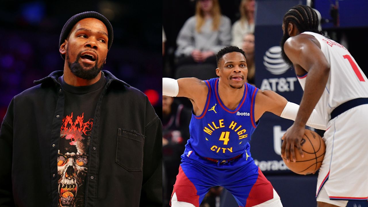 Kevin Durant (L) and Russell Westbrook with James Harden (R)