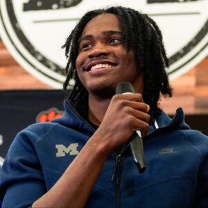 Michigan football signee Bryce Underwood speaks during national signing day at Belleville High School in Belleville on Wednesday, Dec. 4, 2024.