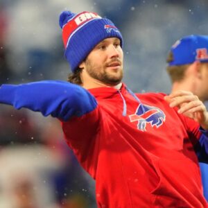 Dec 1, 2024; Orchard Park, New York, USA; Buffalo Bills quarterback Josh Allen (17) warms up prior to the game against the San Francisco 49ers at Highmark Stadium.