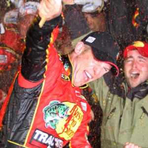 Jamie McMurray celebrates in Victory Lane after winning the Daytona 500 at Daytona International Speedway on Sunday, Feb. 14, 2010.