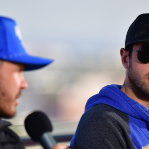 NASCAR Cup Series driver Chase Elliott (9) and driver Kyle Larson (5) during media availabilities at Los Angeles Memorial Coliseum.
