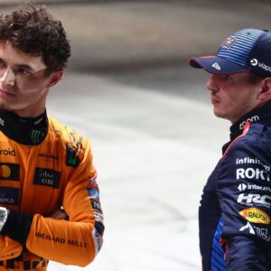 Lando Norris of McLaren and Max Verstappen of Red Bull Racing after qualifying ahead of the Formula 1 Grand Prix of Qatar at Lusail International Circuit