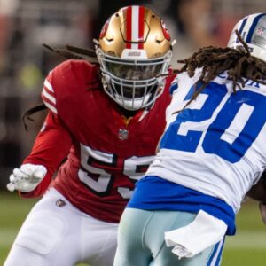 Oct 27, 2024; Santa Clara, California, USA; Dallas Cowboys running back Dalvin Cook (20) is tackled by San Francisco 49ers linebacker De'Vondre Campbell (59) during the third quarter at Levi's Stadium.