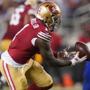 Dec 12, 2024; Santa Clara, California, USA; San Francisco 49ers wide receiver Deebo Samuel Sr. (1) drops the ball after attempting to make a catch against the Los Angeles Rams in the third quarter at Levi's Stadium.